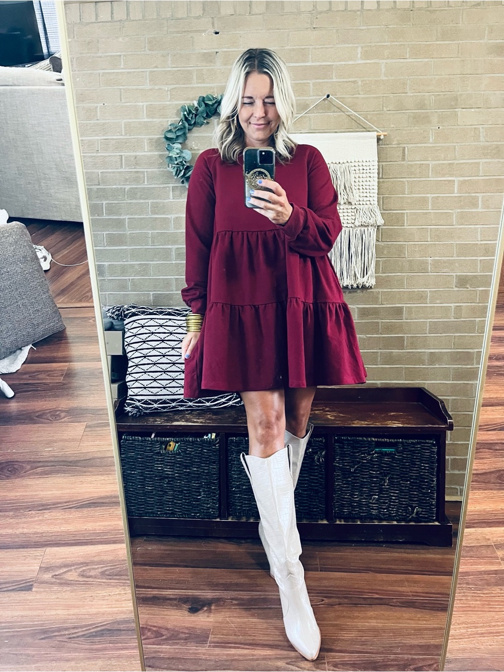 TCEC Burgundy Tiered Long-Sleeve Mini Dress